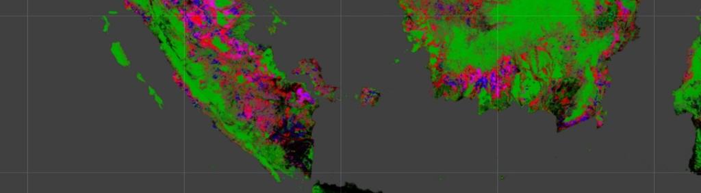Modré a fialové lochy znázorňující nárůst lesní plochy jsou tedy plantáže palmy olejné (Elaeis guineensis) Zdroj: earthenginepartners.appspot.com 4.1.