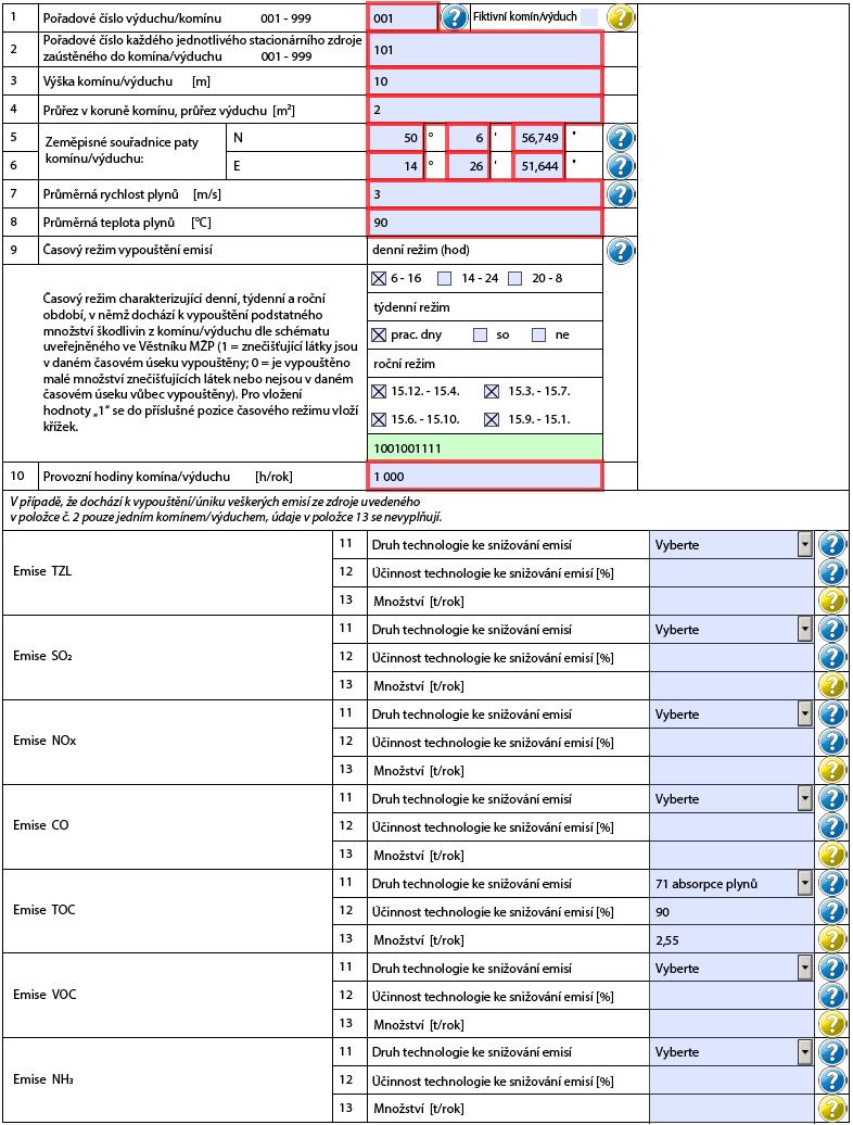 3.1 PŘÍLOHA 1 Příklad vyplnění vypouštění emisí ze zdroje více komíny (výduchy): Zdroj č. 101 (nanášení nátěrových hmot na dřevo) vypouští emise VOC přes odlučovač komínem č.