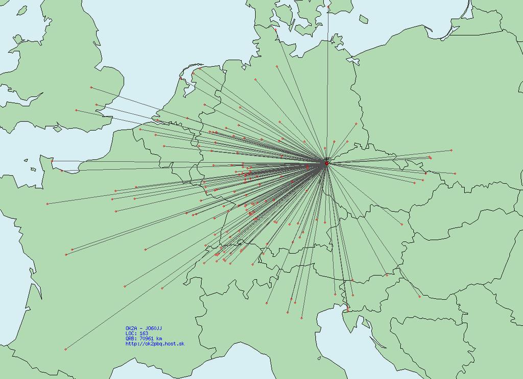 Mapa 163 QSO které dělali DR9A a které chybí OK2A, pokud by je bylo možné dělat z JO60JJ,