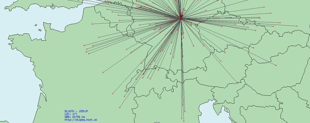 DL0GTH Mapa 177 QSO které dělali DL0GTH a které chybí OK2A (přínos