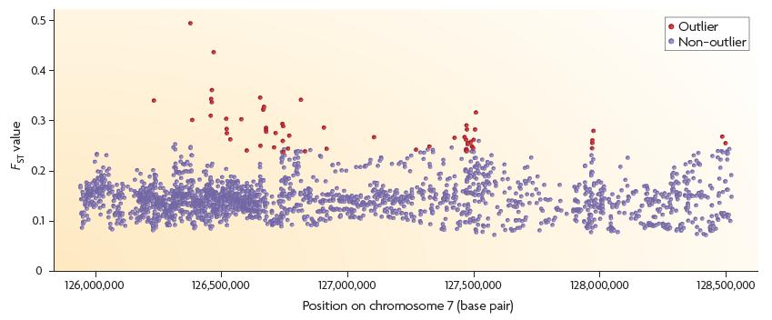 (Celo)genomová data Diferenciace populací, F ST selekce