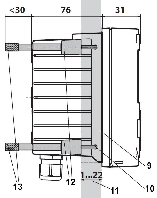 9 ROZMĚRY A MONTÁŽ Rozměry přístroje [mm] a způsoby montáže přístroje. Kryt přístroje: 1) Průchodka kabelu (3 ks). 2) Průchodka kabelu nebo kov. hadice (2 ks). 3) Prorážky pro montáž na trubku (4 ks).