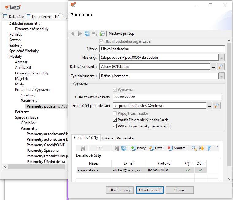 Parametry podatelny/výpravny Je třeba nastavit masku čj pro příjem dokumentů datovou schránku Jestliže bude organizace evidovat v