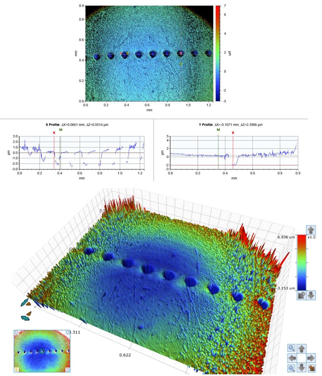 MATERIÁL A METODY Obr. 3-8 Mikrovtisky vytvořené na povrchu kuličky (profilometr) Při tvorbě mikrovtisků je mezi oběma simulátory rozdíl v uchycení kuličky a následně tedy i v dráze kontaktu.