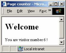 cs" %> <html> <head> <title>page counter</title> </head> <body> <h1>welcome</h1> You are visitor number <%=CounterValue()%>! </body> </html> using System.IO; Counter.aspx CounterPage.