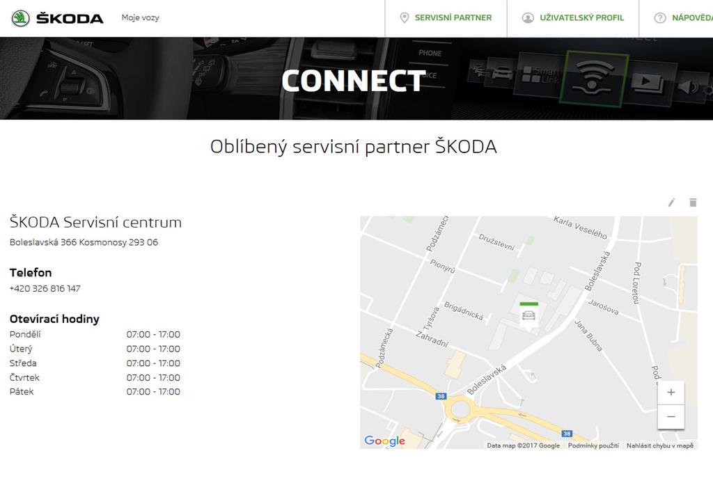 Connect Portal Volba oblíbeného servisního partnera 3. Po potvrzení volby oblíbeného servisního partnera se zobrazí přehled informací o zvoleném servisním partnerovi.