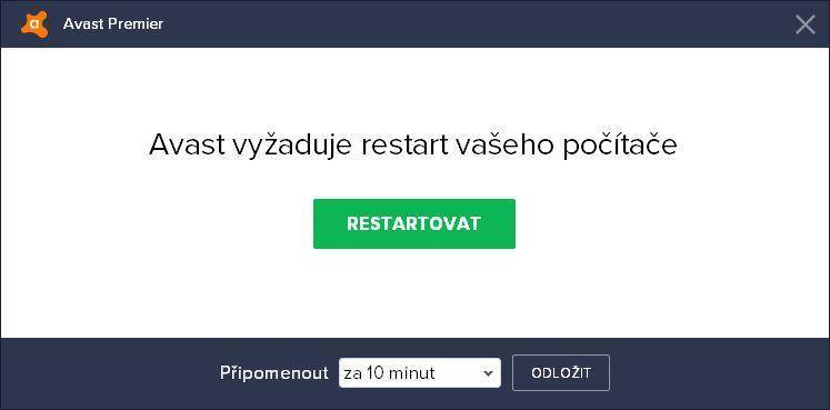 U programů Avast Internet Security a Avast Premier může být z důvodu instalace komponenty Firewall po skončení instalace vyžadován restart počítače.