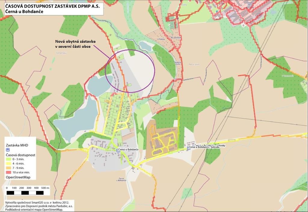 Obrázek 9: špatně dostupná část Černé u Bohdanče - nová výstavba Okrajové části Lázní Bohdanče V Lázních Bohdanči se nacházejí dvě oblasti s nevyhovující docházkovou vzdálenosti.