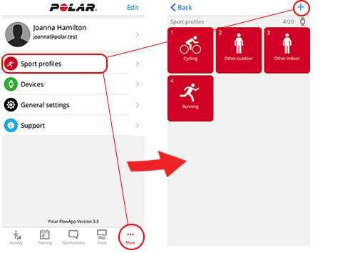 PŘIDÁNÍ SPORTOVNÍHO PROFILU V mobilní aplikaci Polar Flow: 1. Jděte do Sportovních profilů. 2. Klepněte na znaménko plus v pravém horním rohu. 3. Ze seznamu vyberte sport.