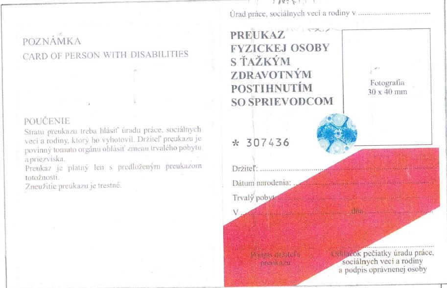 5. Preukaz občana s ťažkým zdravotným postihnutím ŤZP Predná strana Zadná strana