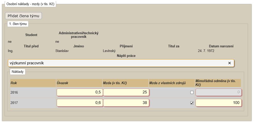 Záložka Navrhovatel / Spolunavrhovatel podzáložka Náklady rozpis (v tis. Kč) sekce Osobní náklady mzdy (v tis.