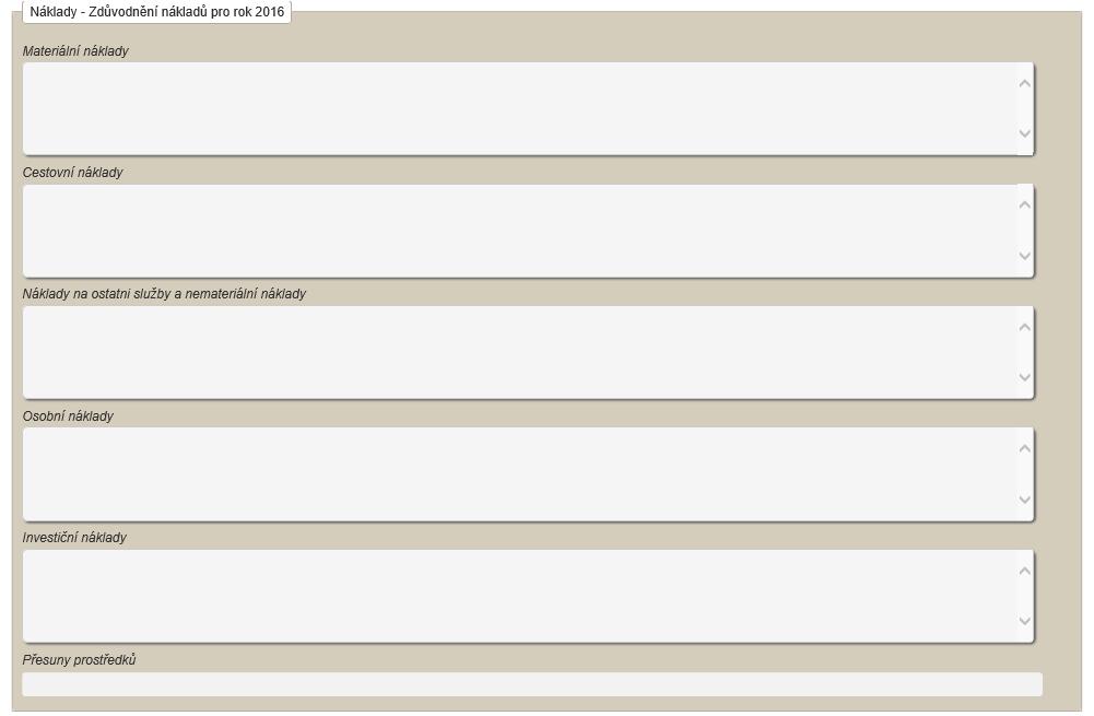 Zdůvodnění nákladů pro rok XXXX Obrázek 26: Obrazovka se sekcí