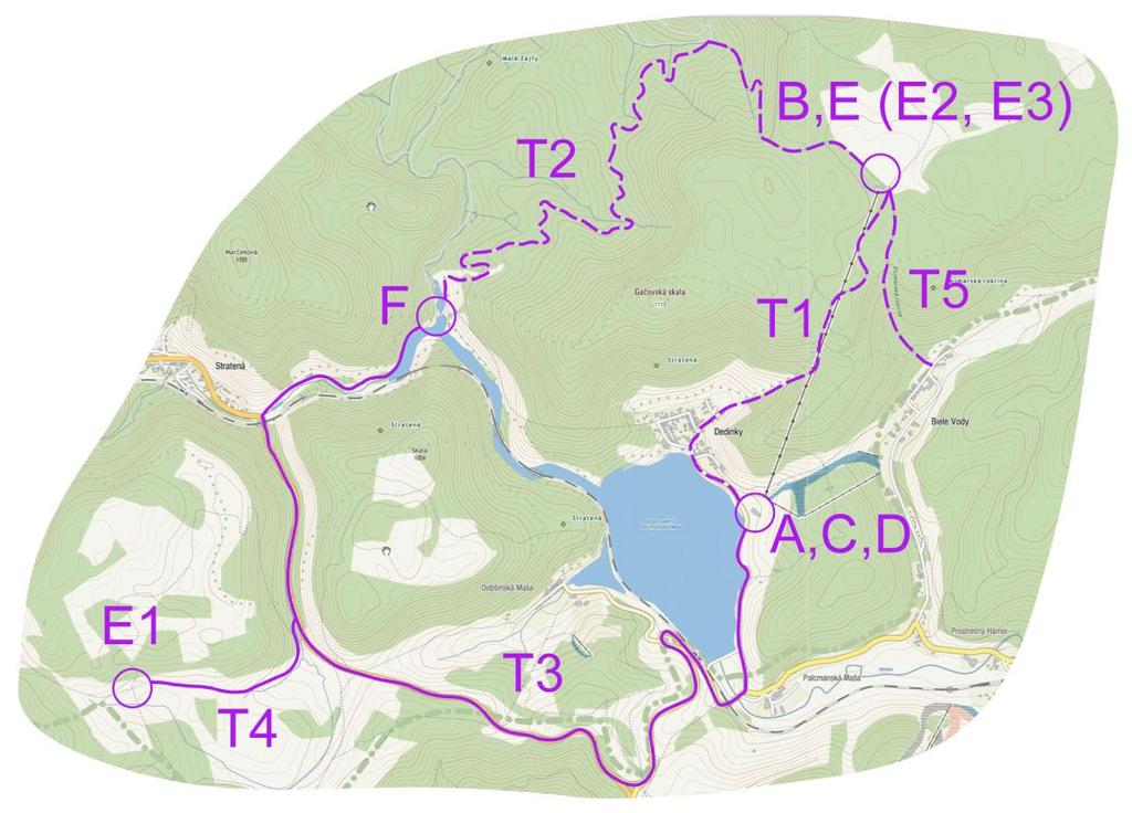Situačná mapa so vzdialenosťami A kemp (Dedinky priehrada, centrum pretekov) B kemp (planina Geravy zhromaždisko E2,E3 ) C chata Liptov, Dedinky D hotel Priehrada, Dedinky E horský hotel Geravy T1