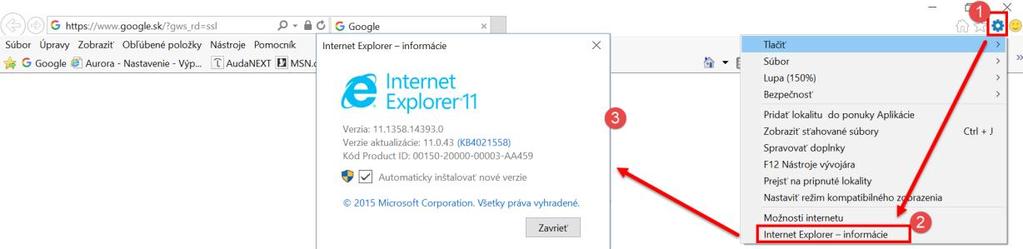Prosím skontrolujte verziu Vášho prehliadača (klikajte ľavým tlačítkom myši) Ak máte verziu staršiu ako IE 11 doporučujeme buď nainštalovať novú verziu alebo