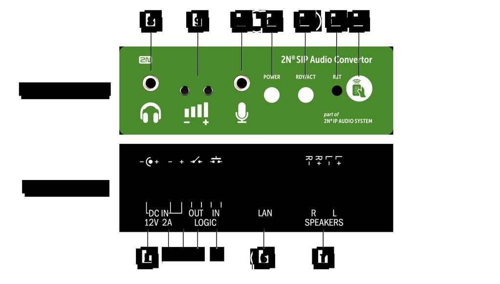 Umístění prvků na předním a zadním panelu Konektory a ovládací prvky: Přední a zadní panel 2N SIP Audio Converter 1. 2. 3. 4. 5. 6. 7. 8. 9. 10. 11. 12. 13.