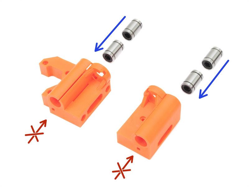 Step 3 Osa X: vložení lineárních ložisek Vložte lineární ložiska LM8UU do vytištěných dílů (X-end-motor a X-end-idler)