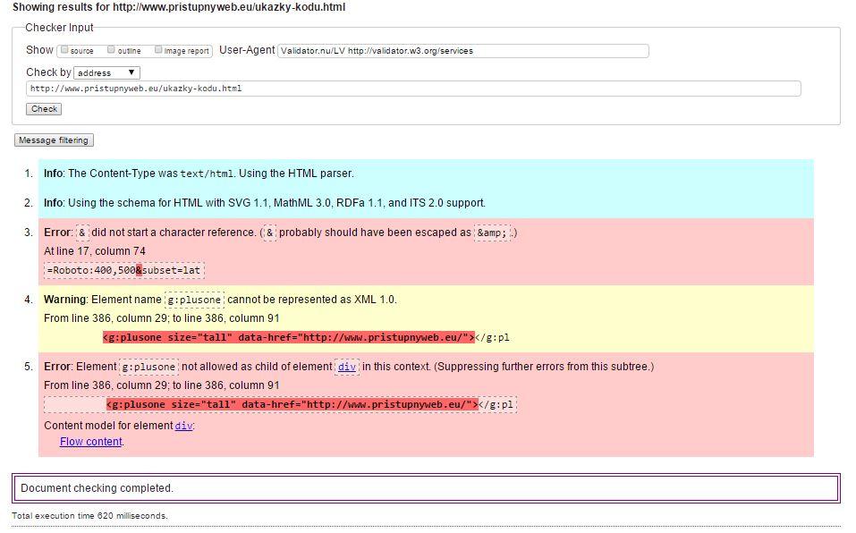 Ve druhé fázi testování jsem podrobil stránky testu na validitu zdrojového kódu HTML5 a CSS stylu a na kontrolu přístupnosti podle metodiky WCAG 2.0 webovou aplikací A-Checker.