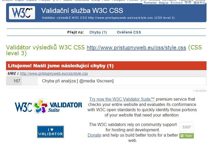 Obrázek 12 ukazuje, že stránky jsou z hlediska validity stylů CSS validní, pouze řádek kódu 167 obsahující