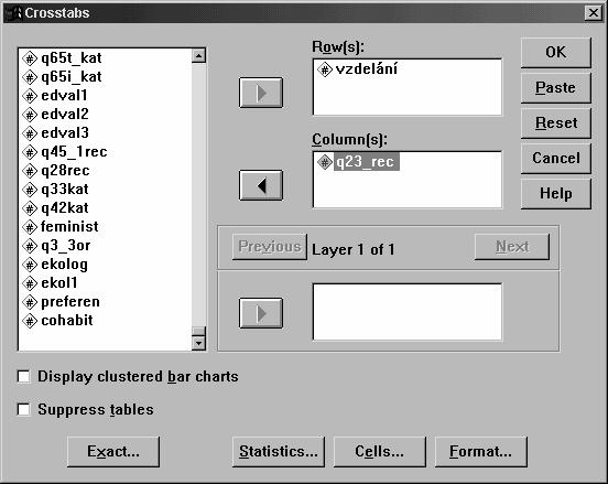 SOC108 LEKCE 8: MĚŘENÍ (SÍLY) ASOCIACE MEZI DVĚMA PROMĚNNÝMI 2 ANALYZE DESCRIPTIVE STATISTICS CROSSTABS STATISTICS volba příslušných koeficientů (viz obr. 9.