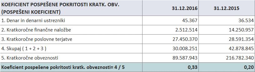 - Kazalniki vodoravnega finančnega ustroja () Koeficient kapitalske pokritosti osnovnih sredstev konec leta 2016 znaša 0,39, kar pomeni, da je s kapitalom financirana manj kot polovica najbolj