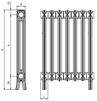 KALOR Dimenzije radiatorja Kalor Dimenzije radiatorja Kalor z nogicami Glavni toplotno specifični parametri za prenos toplote so 75/65 C in enostranski lateralni priključek medija za prenos toplote