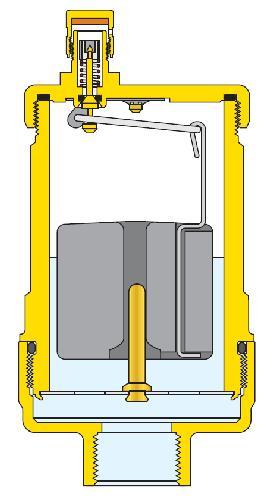 7) Konstrukční charakteristiky: Provozní princip: Nahromadění vzduchových bublin v těle ventilu způsobí pokles plováku, který otevře odvzdušňovací ventil (kuželku).