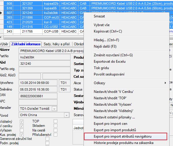 Produkty Export pro import atributů navigátoru a jejich hodnot.