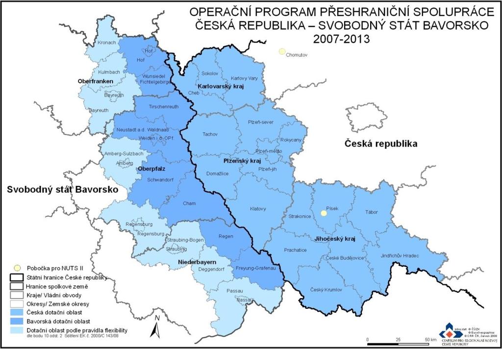 4.1.1 Dotační území Dotační území vede podél česko-bavorských hranic a jeho rozloha činí 39 171 km² (viz Tab. 1). Podporované územní jednotky byly na úrovni krajů NUTS III.