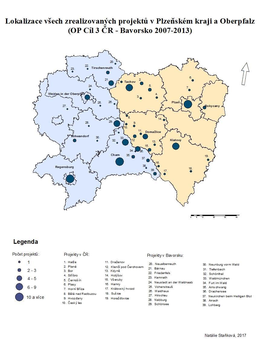 Obr. 6: Lokalizace všech projektů realizovaných v PK a OPf v OP PS Cíl 3 ČR