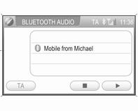 Hudba Bluetooth 37 Aktivácia režimu hudobného zariadenia Bluetooth Skok na nasledujúcu alebo predchádzajúcu stopu Krátko stlačte tlačidlo t alebo v (na prístrojovom paneli).