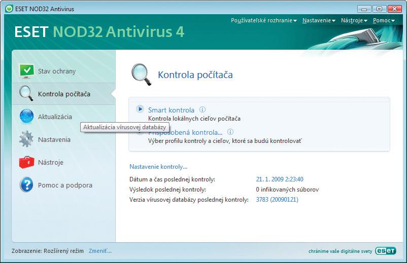 V ľavej časti hlavnej obrazovky programu ESET NOD32 Antivirus kliknite na položku Aktualizácia, Kliknite na položku Aktualizovať vírusovú databázu.