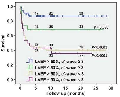 Diastolická dysfunkce a prognoza v sepsi Hlavní determinanta přežití srdečního selhání v sepsi (Landesberg G: EHJ 2012) Septal diastolic E a LVEF Li