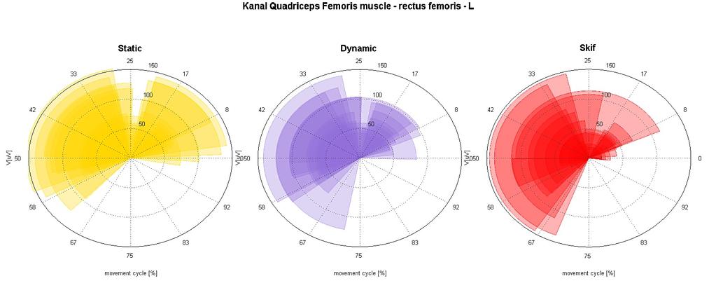 Koláčové grafy tzv. Pies: jsou výsledné grafy (viz. Obr. č. 8-13). Jedná se o zobrazení jednotlivých probandů. 360 odpovídá 0-100% průměrného pohybového cyklu.