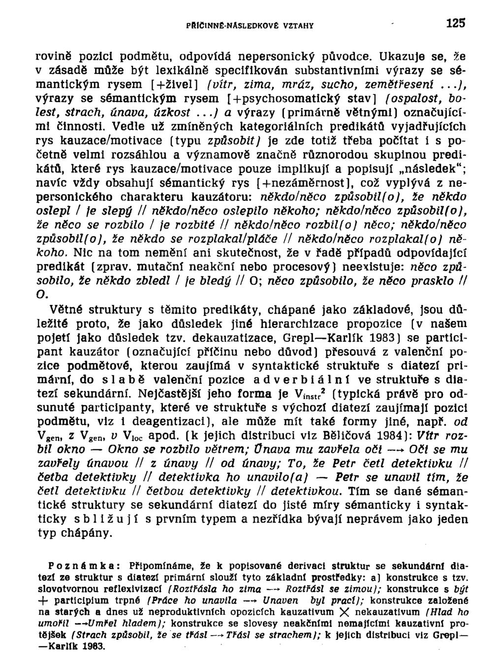 PRIČINNÉ-NASLEDKOVÉ VZTAHY 125 rovině pozici podmětu, odpovídá nepersonický původce.