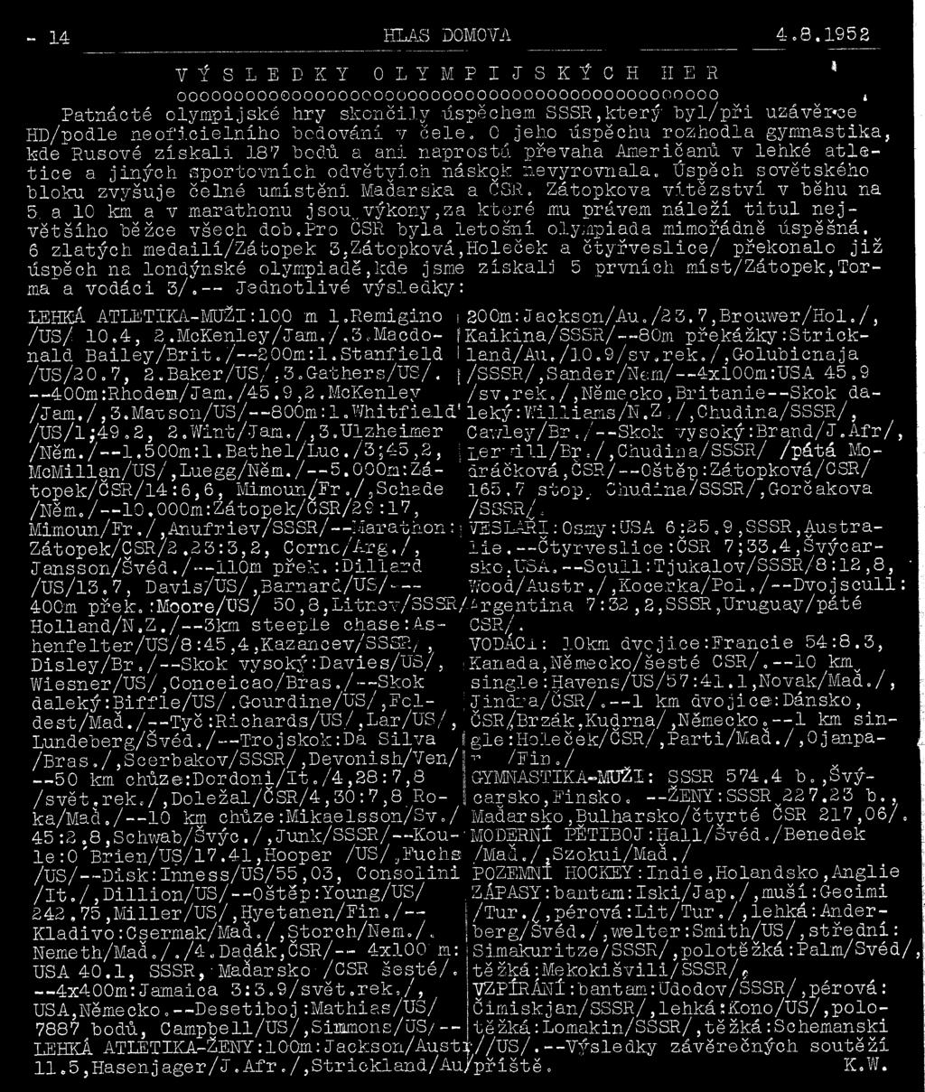 a 10 kin a v marathonu js o u,výkony,za které mu právem n á leží t it u l n e j většíh o běžce všech dob,pro ČSR byla le to š n í olympiáda mimořádně úspěšná,v 6 zlatých medailí/zátopek