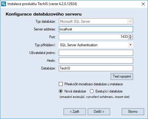 Konfigurace databáze pro produkt TechIS Krok 4. Nastavení připojení k databázi Na této obrazovce probíhá konfigurace připojení k databázovému server a inicializace databáze produktu TechIS.