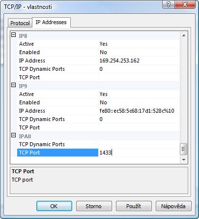 Na druhé záložce IP addresses, poslední položka IP All, nastavit TCP Port na 1433.