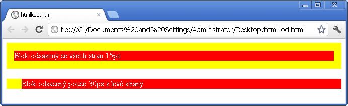 Pro tuto funkci je vlastnost margin s parametrem psaným v PX (pixlech) či procentech, pokud budeme chtít definovat margin pouze na určitou stranu, využijeme margin-strana.