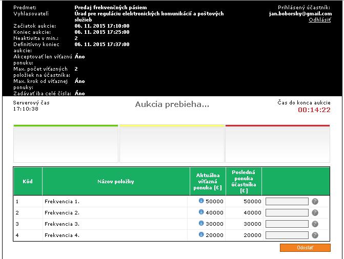 s údajmi o priebehu aukcie. Okrem základných údajov sú tam konkrétne informácie, týkajúce sa aukcie.