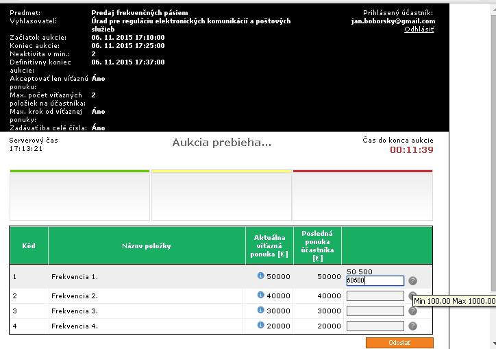 Príklad: Aktuálna víťazná ponuka v položke je 50000 Vstupná, zatiaľ nepotvrdená ponuka účastníka je tiež 50000 Akceptovať len víťaznú ponuku: Áno Obmedzenie kroku: min.