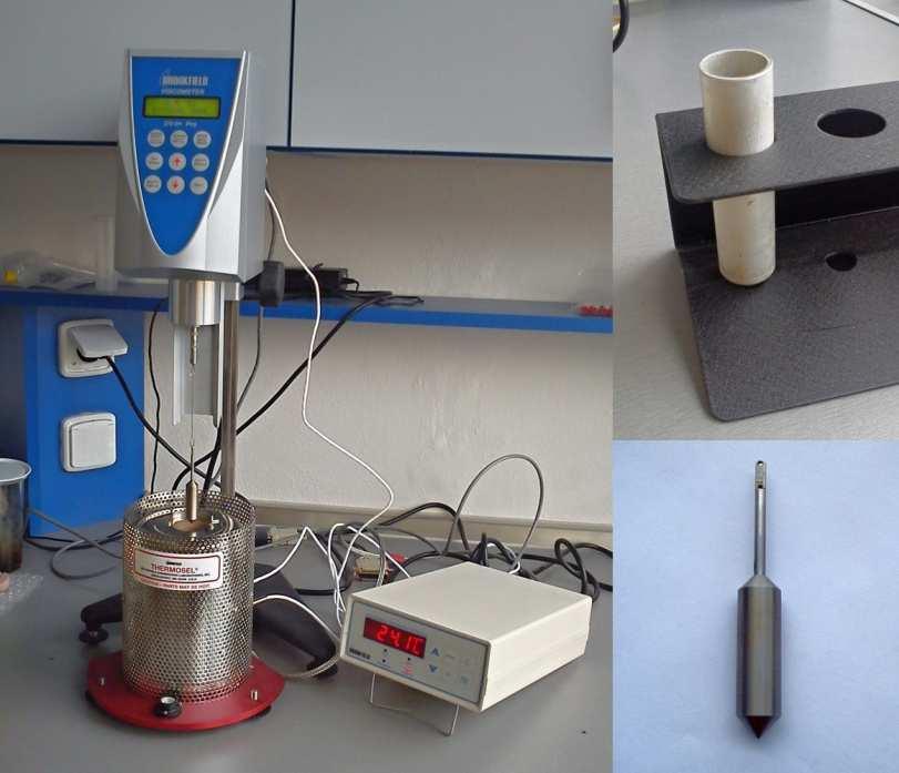 4. VLASTNÍ MĚŘENÍ Měření viskozity bylo provedeno na rotačním viskozimetru Brookfield a na dynamickém smykovém reometru ThermoHaake s hlavním cílem porovnat obě metody. 4.