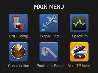 C. Hlavné menu prístroja Po zapnutí prístroja bude k dispozícii 10 ponúk menu LNB Nastavenie Vyhľadávanie Spectrum Konštel. diagram Pozicionér Multi TP DiSEqC Vyhl.