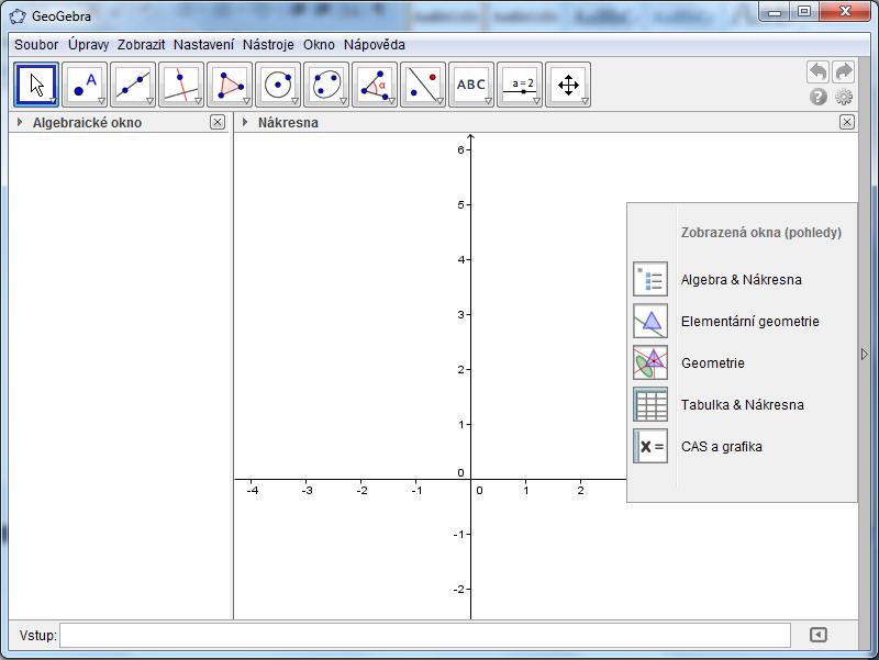 Obrázek č. 1: Prostředí programu GeoGebra (Zdroj: vlastní zpracování dle GeoGebra) 2.3 Popis prostředí programu GeoGebra Základní vzhled po spuštění programu GeoGebra viz obr 1.