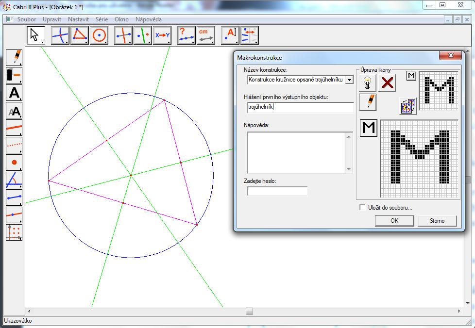 Obrázek č. 21: Makrokonstrukce (Zdroj: vlastní zpracování dle Cabri II Plus) Další tlačítko zobrazí při kliknutí na vybrané objekty v konstrukci text popisující jejich vlastnosti.