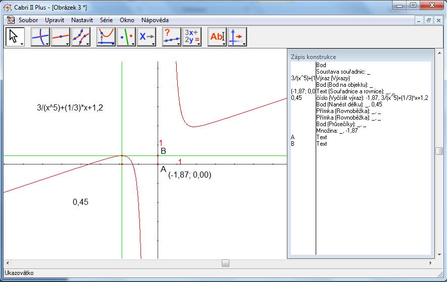 Příklad č. 8: Sestrojte graf funkce dané předpisem f: y = 3 x 5 + 1 3 x + 1,2. [27] Uživatel v nárysně nejprve pomocí Atributy Zobrazit osy zobrazí osy souřadnic.