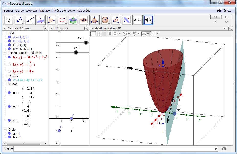 f_x(a, b))] a Vektor[D, D+(0, 1, f_y(a, b))] do vstupního řádku. Normálový vektor vypočítá uživatel pomocí vektorového součinu, který rovněž zadá do vstupního řádku, tedy n=vektor[d, D+u v].