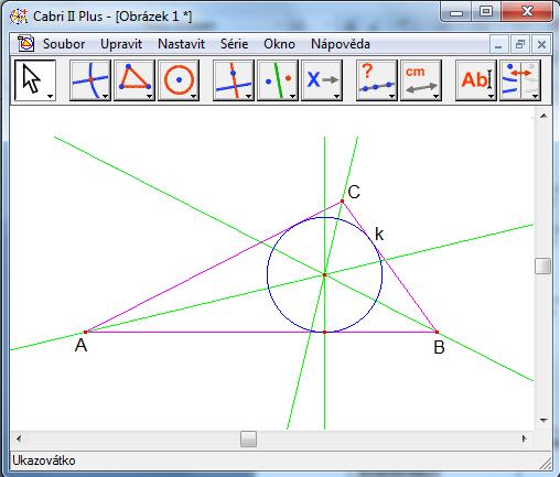 6. 1. 4. Srovnání práce v jednotlivých programech Příklad č. 11: Sestrojte kružnici vepsanou trojúhelníku ABC. Rozdíl je především v celkovém vzhledu konstrukce.