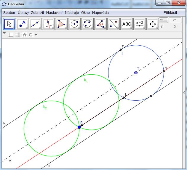 Příklad č. 13: Najděte řešení Apolloniovy úlohy typu Bpp. Sestrojte kružnici k, která prochází bodem B a dotýká se dvou rovnoběžných přímek p a q.