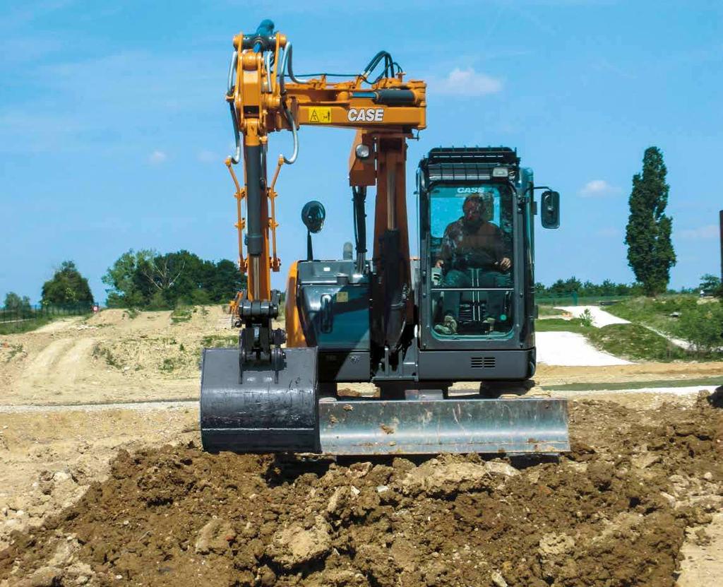 Monoblokový výložník: RYCHLEJŠÍ CYKLY Vysoce výkonná hydraulika Větší průtok hydraulického oleje (148 l/min, + 9 %) zvyšuje o 7 % rychlost stroje v porovnání s předchozími midirypadly řady B.