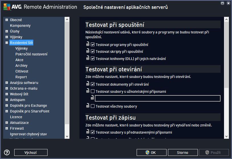 9.2.5. Rezidentní štít Stránka Rezidentní štít umožňuje nastavit parametry testu, který automaticky prově řuje každý soubor, ke kterému uživatel zrovna přistupuje (otevírá jej, ukládá atd.).